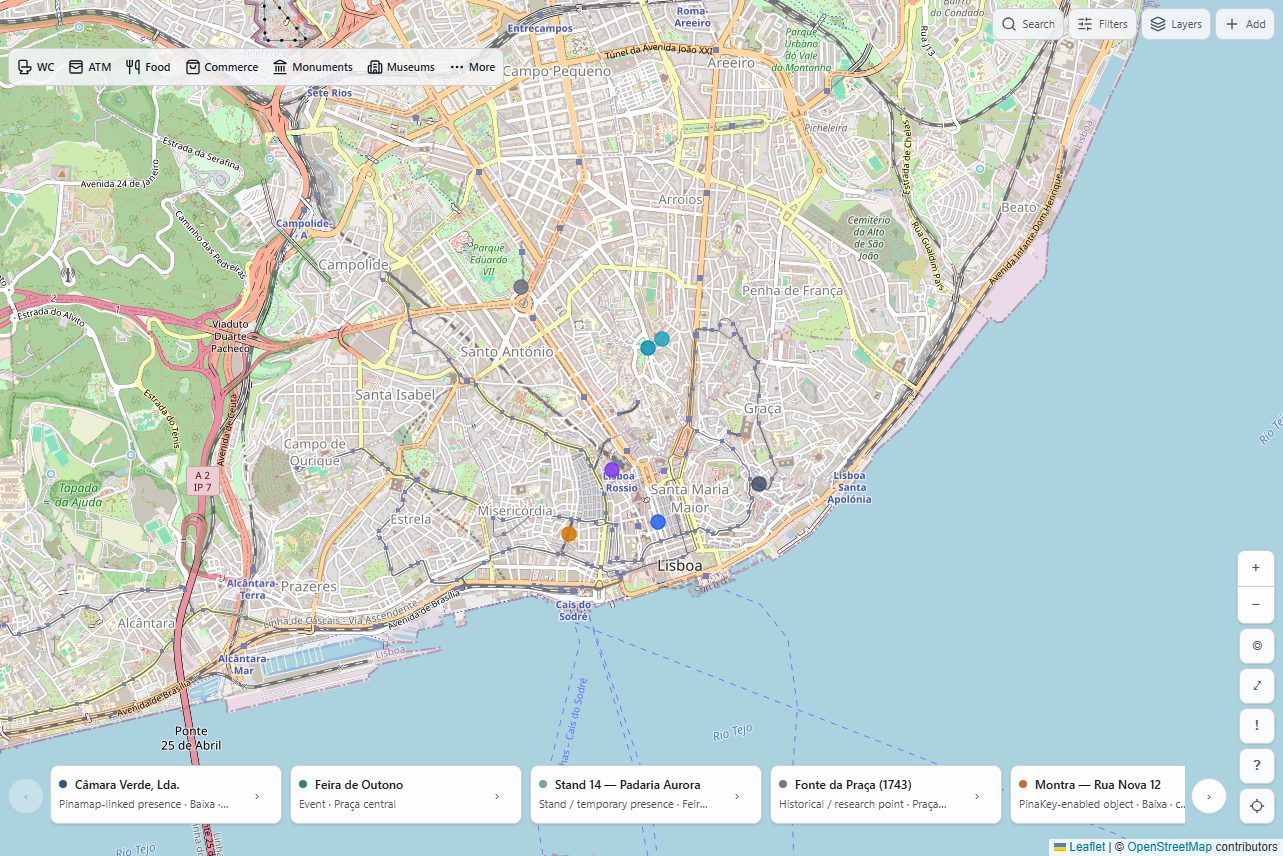 Lisbon on the Pinamap map: the Tagus, Ponte 25 de Abril, named streets and districts, and example pins. Demonstration data, not published live records.