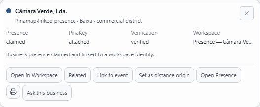 Presence card for Câmara Verde, Lda. State: claimed. PinaKey: attached. Verification: verified. Demonstration data, not a published live record.