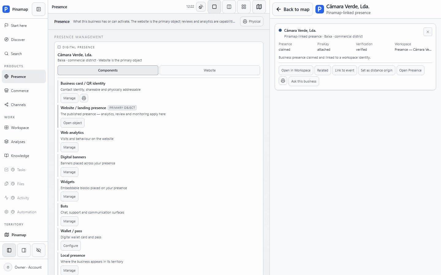 Pinamap Workspace Presence view for Câmara Verde, Lda., with the opened Presence card and state claimed / verified. Demonstration data, not private account records.